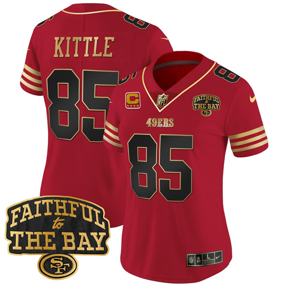 Women's San Francisco 49ers #85 George kittle Red 2025 4-Star C With Faithful To The Bay Patch Limited V8 Stitched Football Jersey(Run Small)